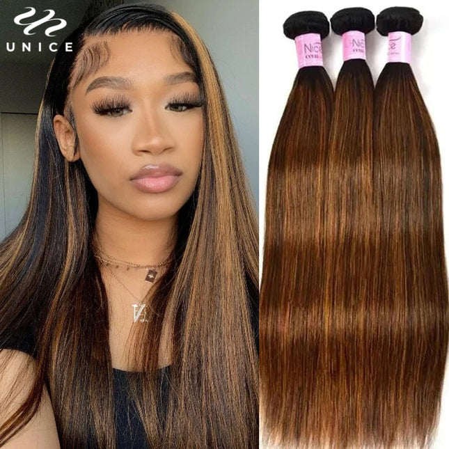 UNice 100% Human Hair Bundles – Brown Balayage Straight, 3PCS Sew-In Weave”