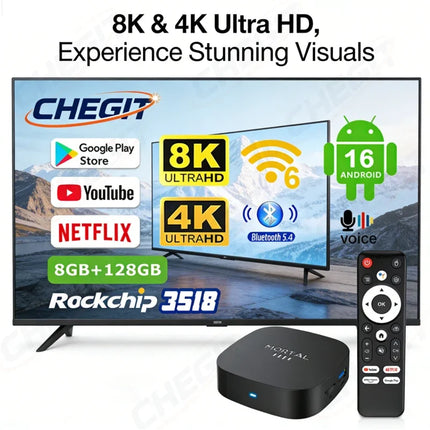 Boîtier de télévision intelligente Android 16 8K WiFi 6 – 8 Go de RAM + 128 Go