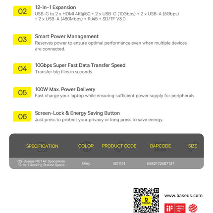 Baseus 12-in-1 USB-C Hub with HDMI & 100W PD