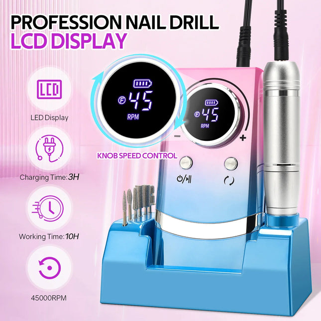 Professional 45,000 RPM Nail Drill Machine – Rechargeable & Low Noise