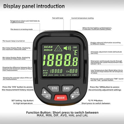 DIBELLAY BSIDE H3 Infrared Thermometer Gun – Digital Laser, -50~1400°C, Non-Contact Industrial Temperature Tester