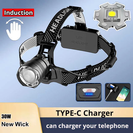 800W Rechargeable LED Headlamp with IR Sensor for Fishing & Camping