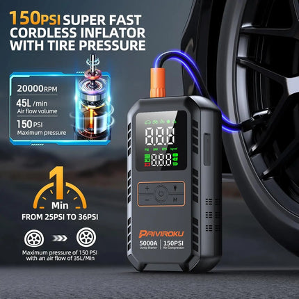 4-in-1 Car Jump Starter with Air Compressor 5000A 150PSI Power Bank Tire Inflator