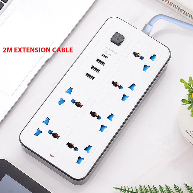 Universal Power Strip with USB & Type-C Charging 2m Extension Cord