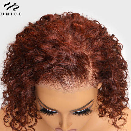 UNice 7x5 Lace Wig – Reddish Brown Curly Bob, Human Hair 150% Density