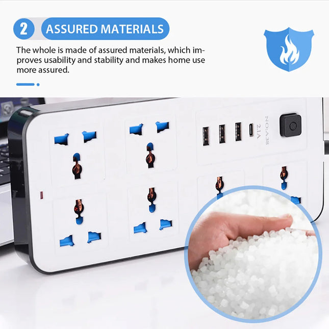 Universal Power Strip with USB & Type-C Charging 2m Extension Cord