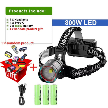800W Rechargeable LED Headlamp with IR Sensor for Fishing & Camping