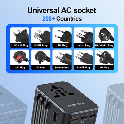 Universal Travel Adapter 45W PD Fast Charger with USB & Type-C Ports