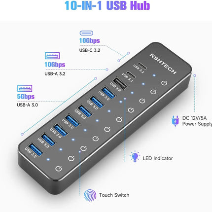 10-Port USB-C Hub with Individual Switches