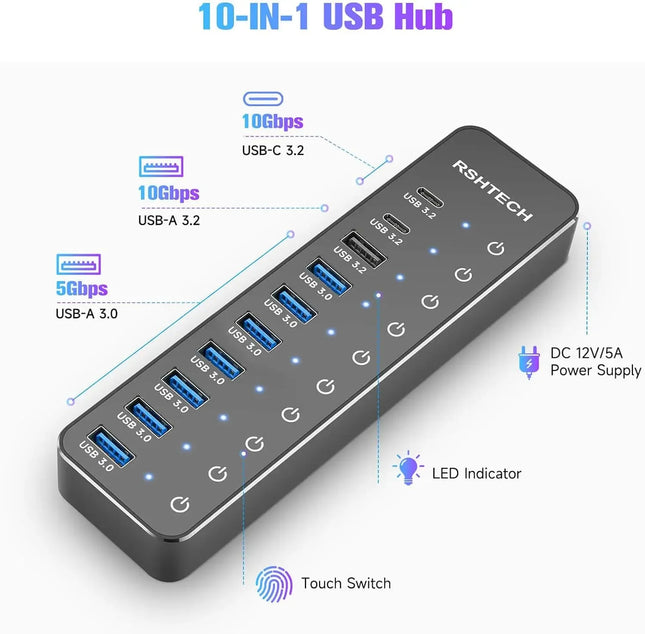 10-Port USB-C Hub with Individual Switches