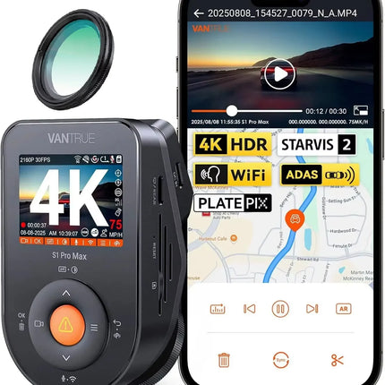 DIBELLAY Vantrue S1 Pro Max 4K Dash Cam – Front STARVIS 2, HDR, Night Vision, 5G WiFi, ADAS, GPS, 24h Parking Mode