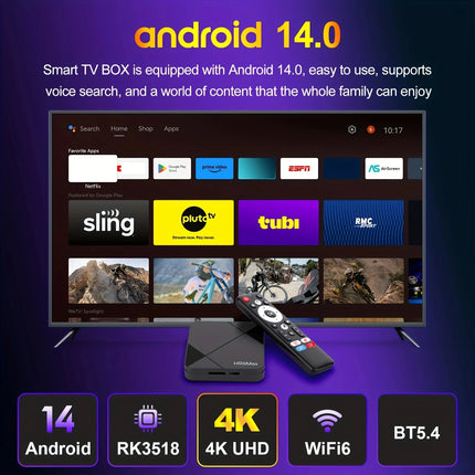 H96 MAX Android 14 TV Box 4K WiFi 6 BT5.4 avec commande vocale
