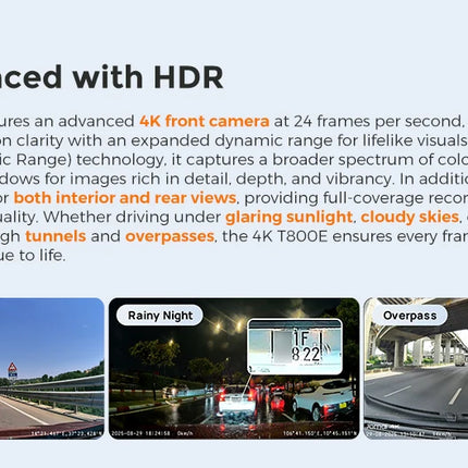 DIBELLAY 70mai T800E 4K 3-Channel Dash Cam – Front/Rear/Interior, Voice Control, 24h Parking, GPS,