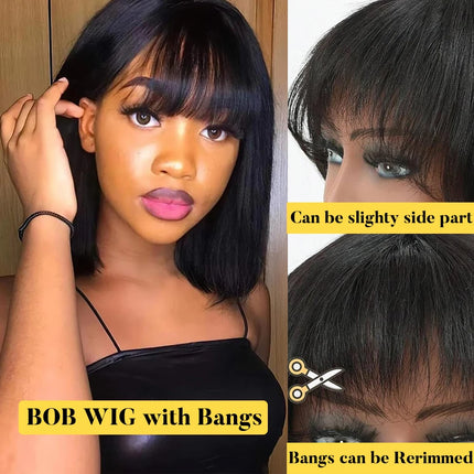 Perruque Bob courte lisse avec frange – Cheveux humains 180 %