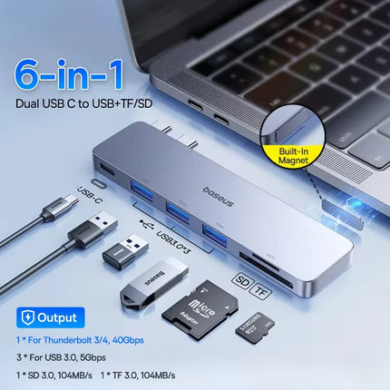 DIBELLAY Dual USB-C Hub 4K HDMI, 40Gbps, USB 3.0, SD/TF for MacBook Pro/Air