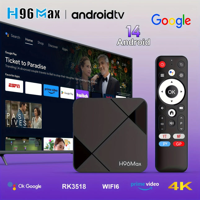 H96 MAX Android 14 TV Box 4K WiFi 6 BT5.4 avec commande vocale