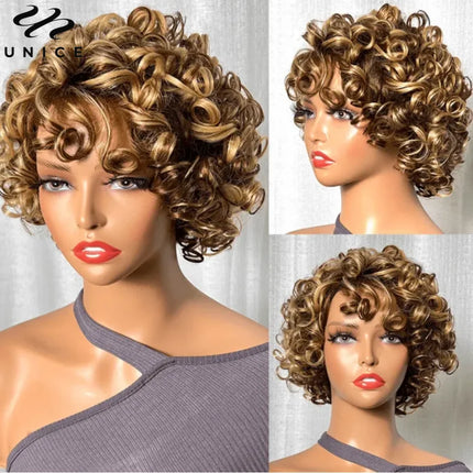 UNice Blonde Curly Wig – 100% Human Hair, Short 8" Afro with Bangs”