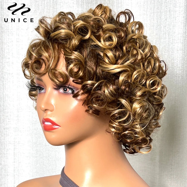 UNice Blonde Curly Wig – 100% Human Hair, Short 8" Afro with Bangs”