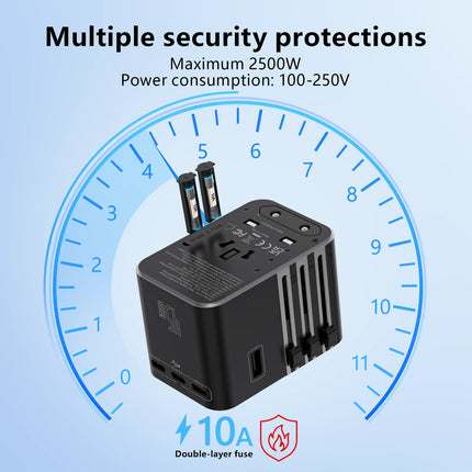 Universal Travel Adapter 45W PD Fast Charger with USB & Type-C Ports