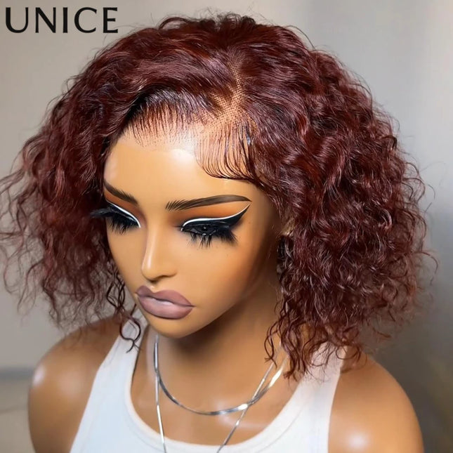 UNice 7x5 Lace Wig – Reddish Brown Curly Bob, Human Hair 150% Density
