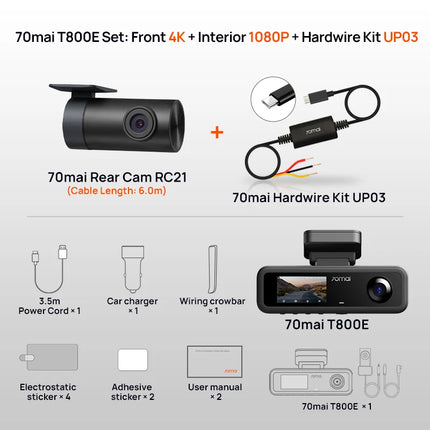 DIBELLAY 70mai T800E 4K 3-Channel Dash Cam – Front/Rear/Interior, Voice Control, 24h Parking, GPS,