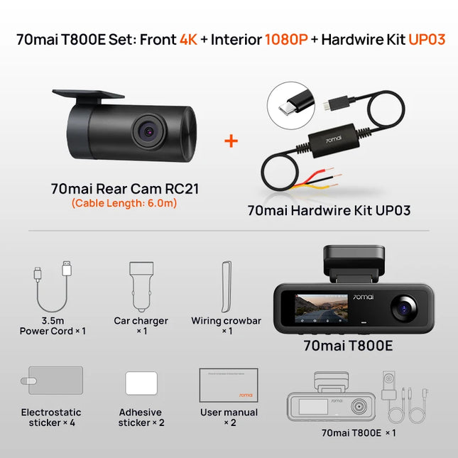DIBELLAY 70mai T800E 4K 3-Channel Dash Cam – Front/Rear/Interior, Voice Control, 24h Parking, GPS,