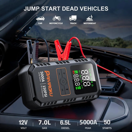 4-in-1 Car Jump Starter with Air Compressor 5000A 150PSI Power Bank Tire Inflator