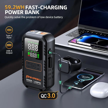 4-in-1 Car Jump Starter with Air Compressor 5000A 150PSI Power Bank Tire Inflator
