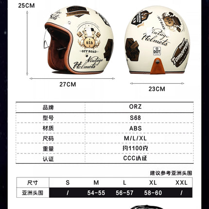 ORZ Retro 3/4 Motorcycle Helmet with Sun Visor, DOT Approved