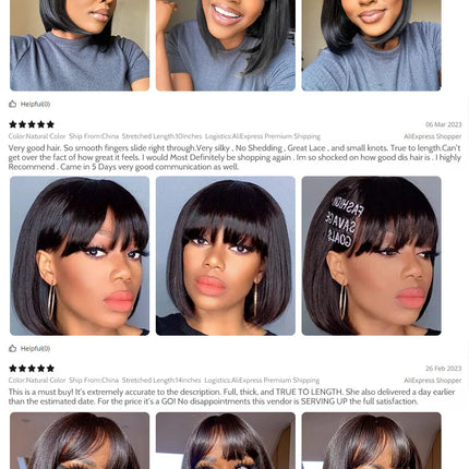 Perruque Bob courte lisse avec frange – Cheveux humains 180 %