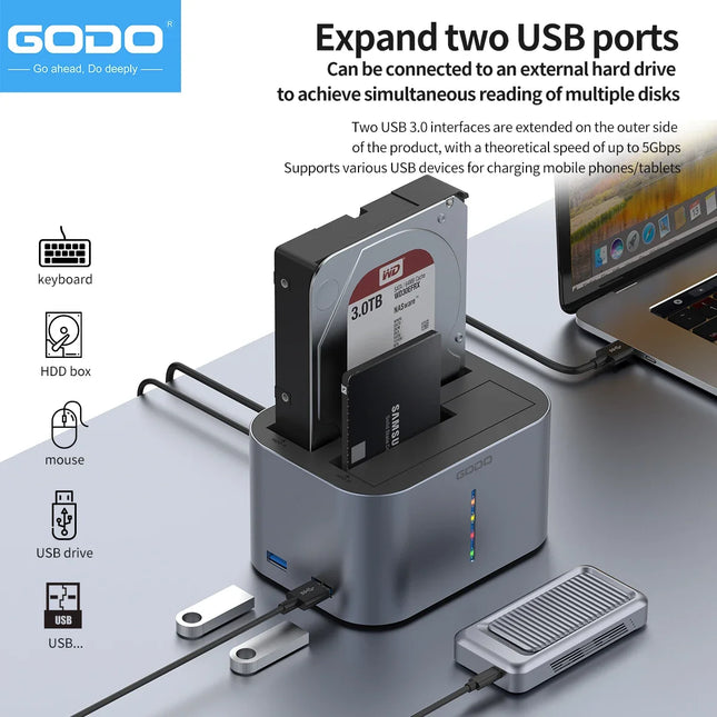 GODO USB 3.0 Dual Bay HDD Docking Station for SATA SSD & HDD