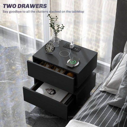 Emma Bedside Table with Charging Station, USB Ports and LED Light-Black