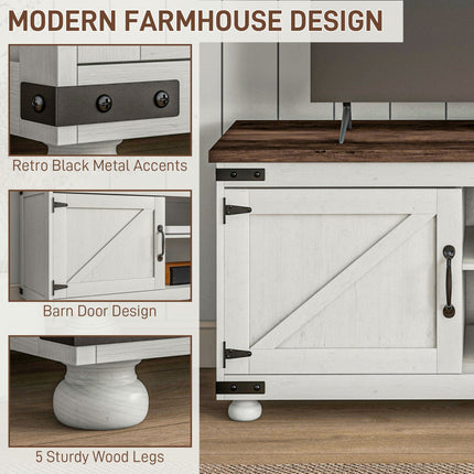 Kirby Farmhouse TV Stand with Small Minimalist Barn Doors for TVs up to 65"-Distressed White