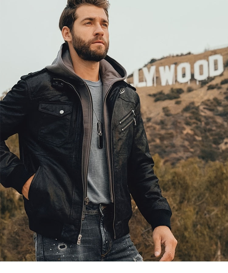FLAVOR Men Pigskin Motorcycle Jacket With Removable Hood