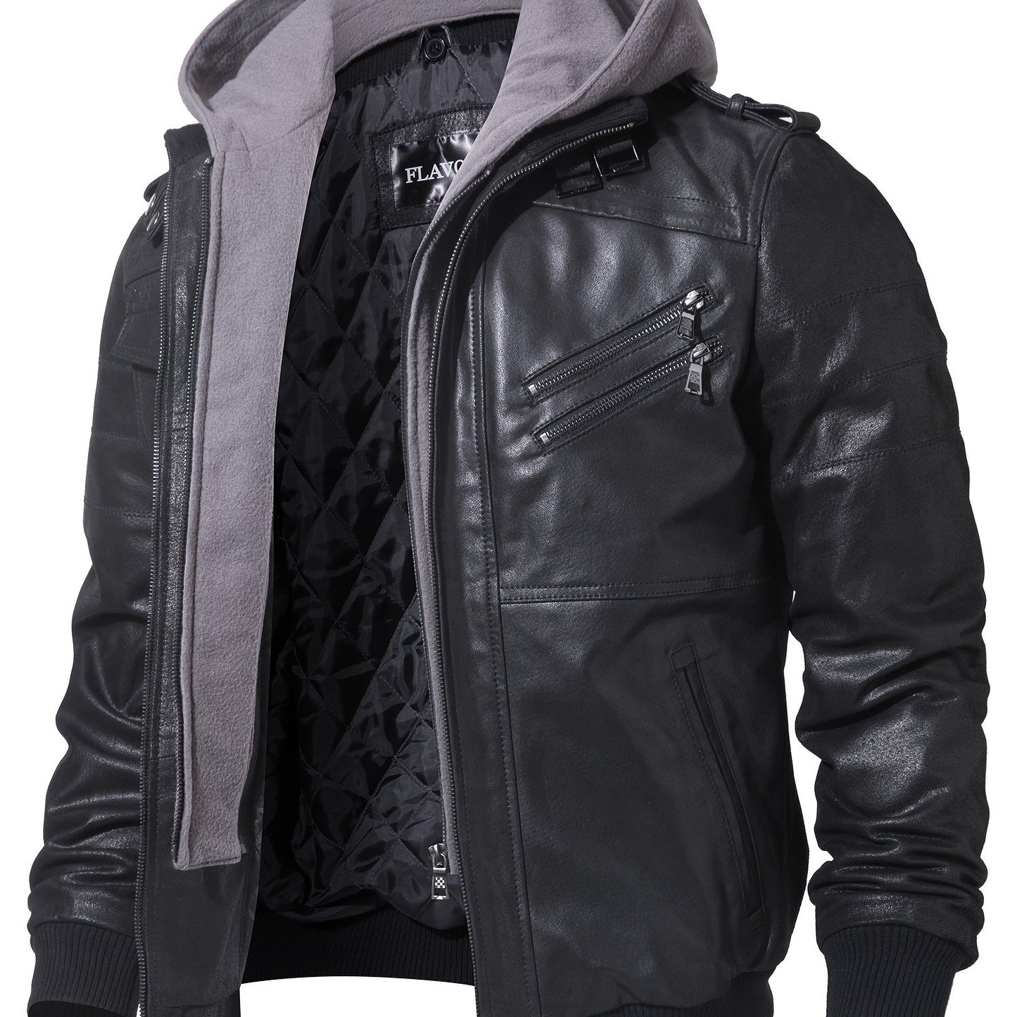 FLAVOR Men Pigskin Motorcycle Jacket With Removable Hood