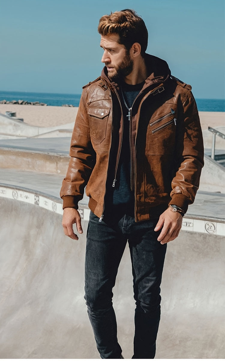 FLAVOR Men Pigskin Motorcycle Jacket With Removable Hood