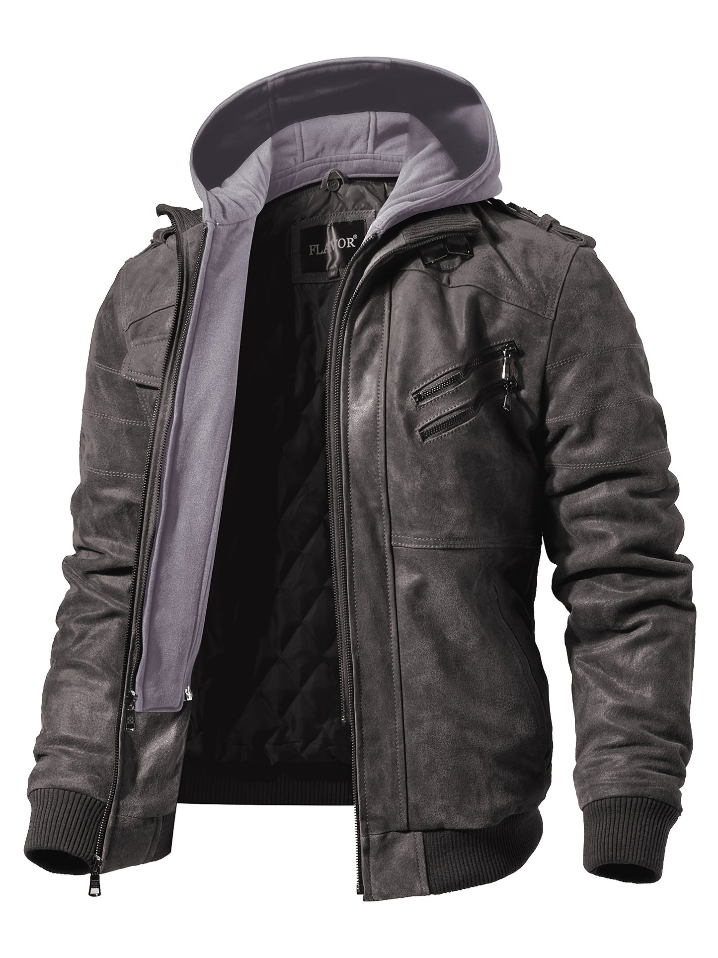 FLAVOR Men Pigskin Motorcycle Jacket With Removable Hood