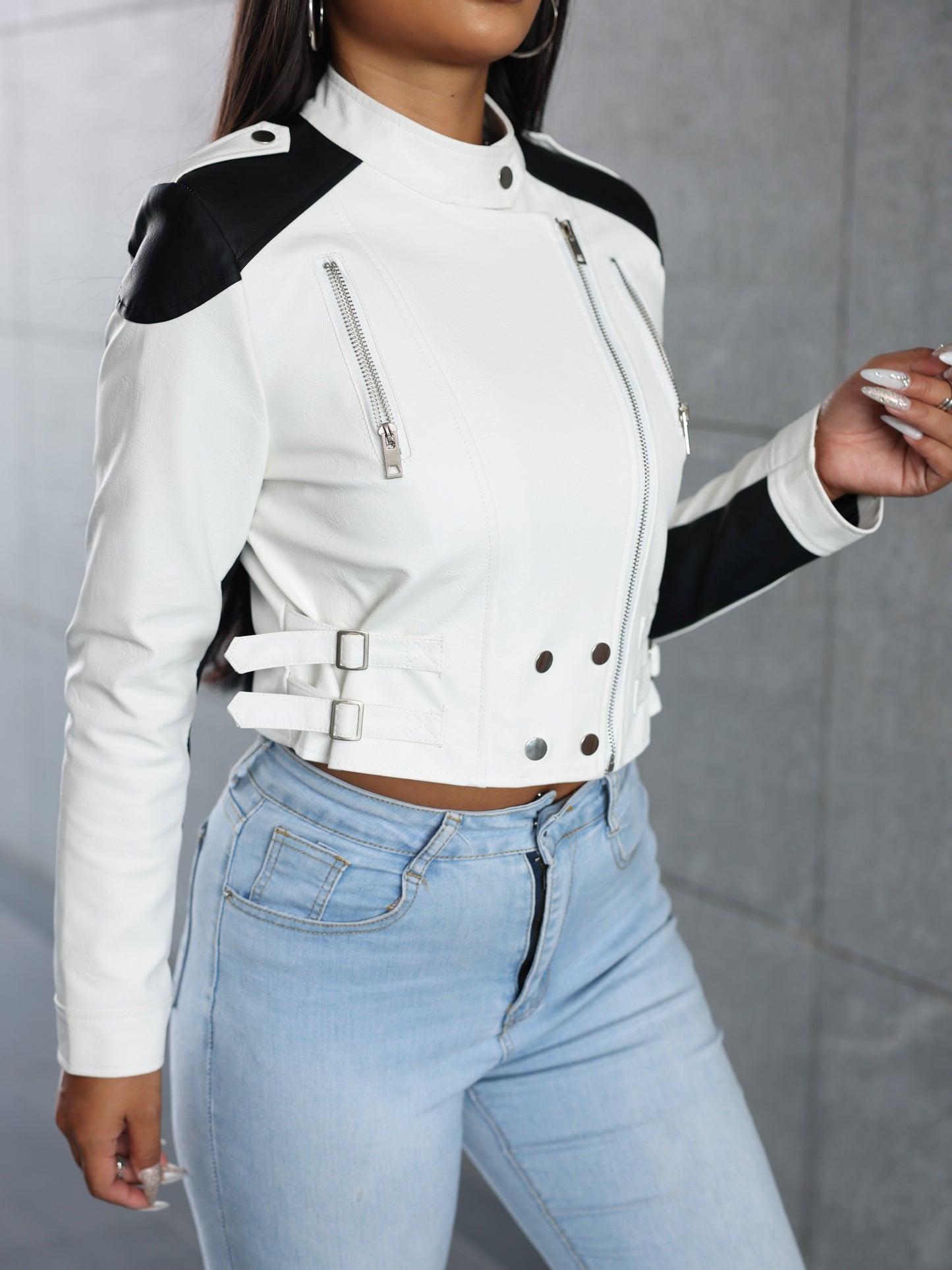 Chic Color Block Motorcycle Jacket for Women