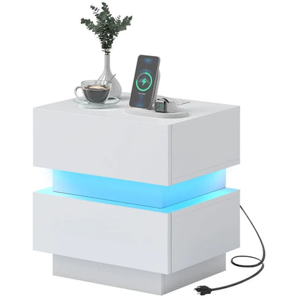 Emma Bedside Table with Charging Station, USB Ports and LED Light-Black