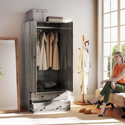 Briar Wardrobe Closet-Armoire with 2 Drawers and Hanging Rod-Grey