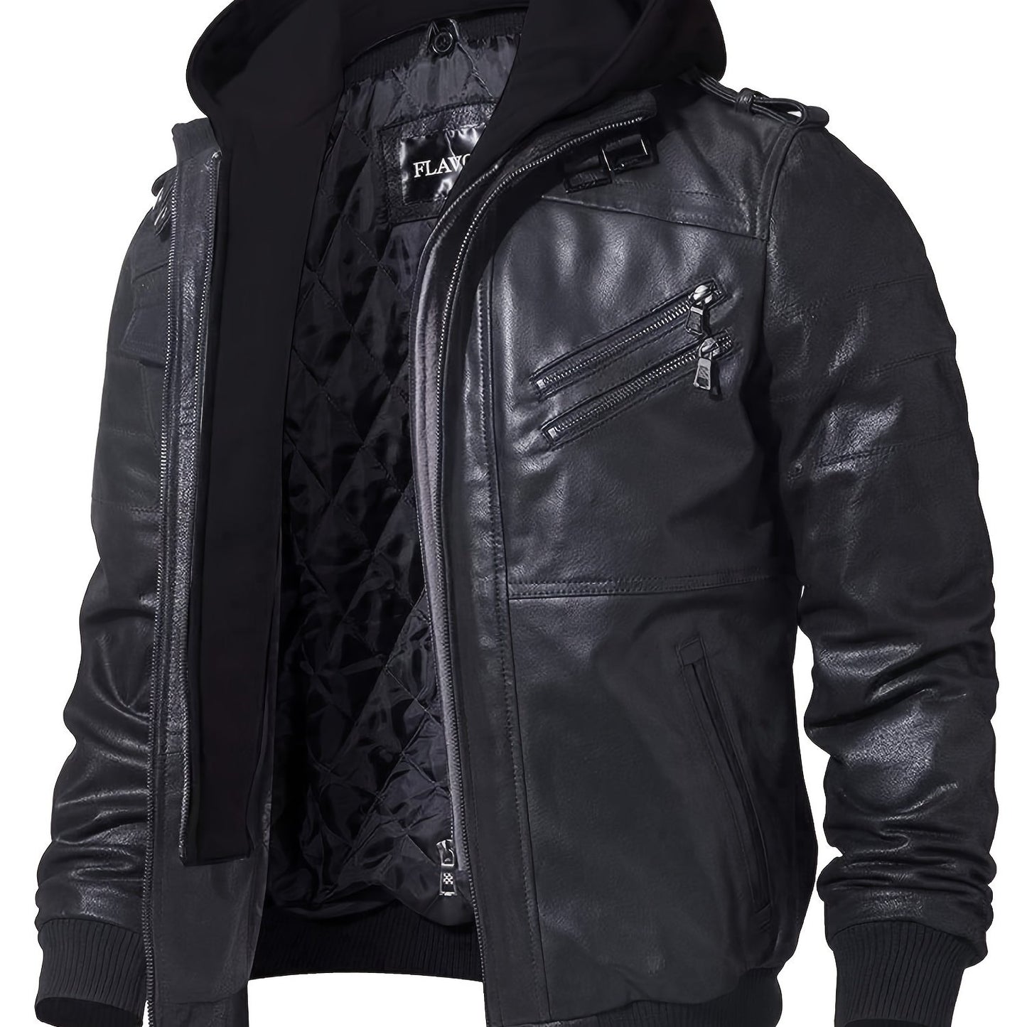 FLAVOR Men Pigskin Motorcycle Jacket With Removable Hood