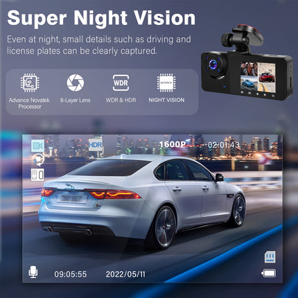 4K 3-channel dash cam with wide angle, night vision, parking mode, and 32GB card included.
