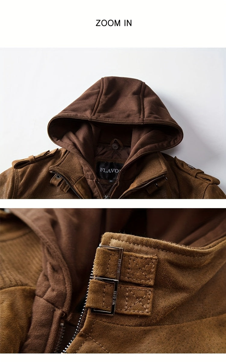 FLAVOR Men Pigskin Motorcycle Jacket With Removable Hood