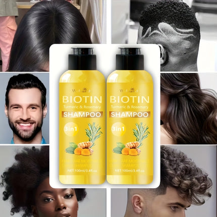 Set of 2, 3-In-1 Biotin Shampoo Featuring Rosemary And Turmeric