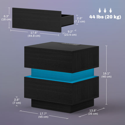 Emma Bedside Table with Charging Station, USB Ports and LED Light-Black