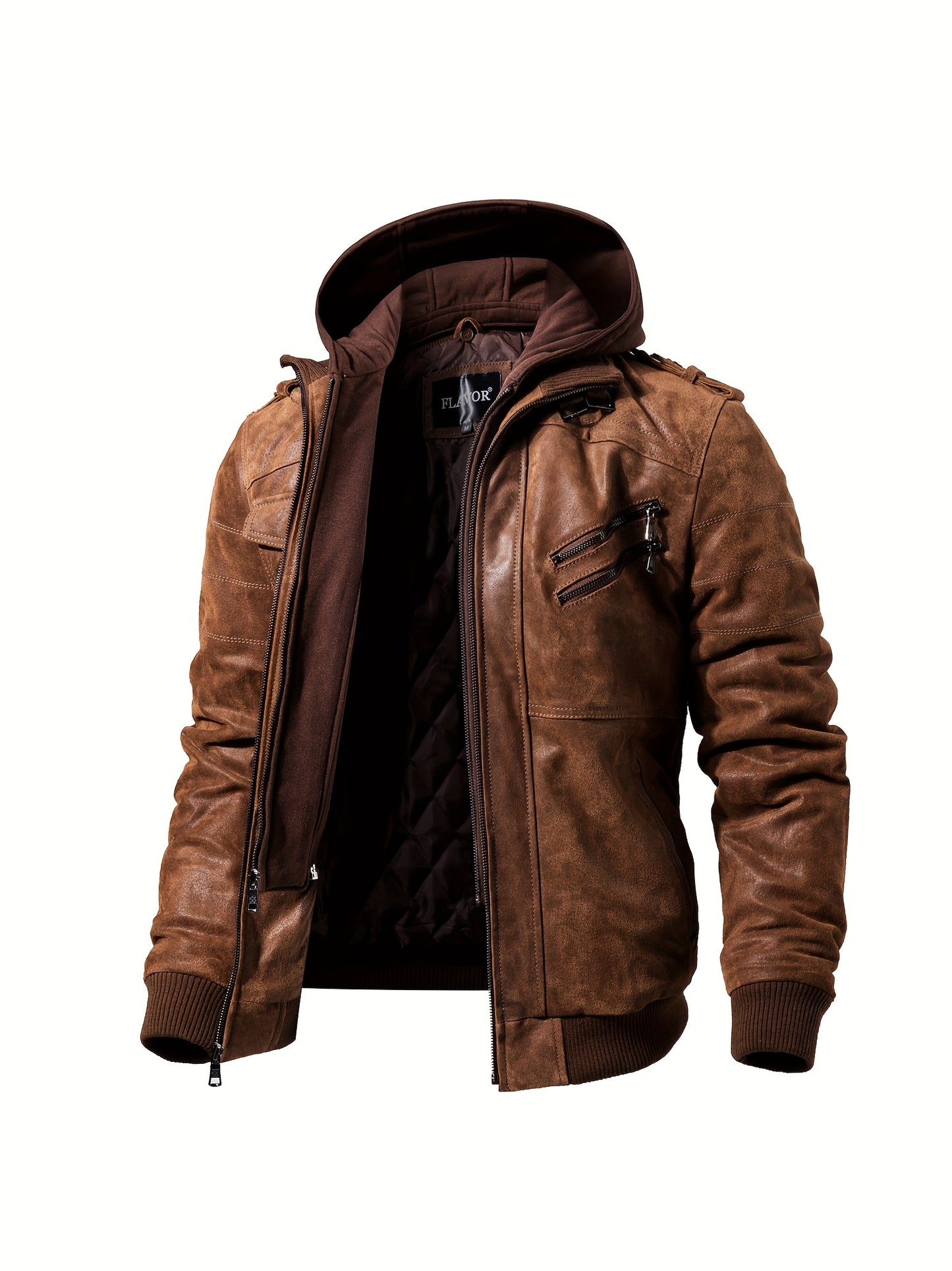 FLAVOR Men Pigskin Motorcycle Jacket With Removable Hood