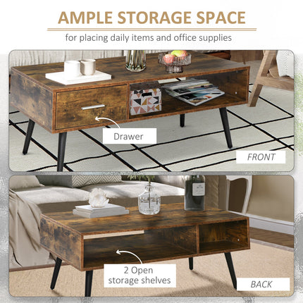 Omari Retro Coffee Table with Storage Shelf and Drawer-Rustic Brown