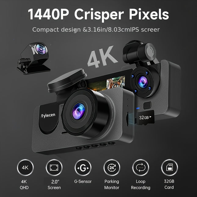 4K 3-channel dash cam with wide angle, night vision, parking mode, and 32GB card included.