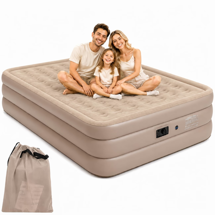 Queen Air Mattress with Built-In Pump – Elevated Double-Layer Design with carry bag, family sitting on mattress