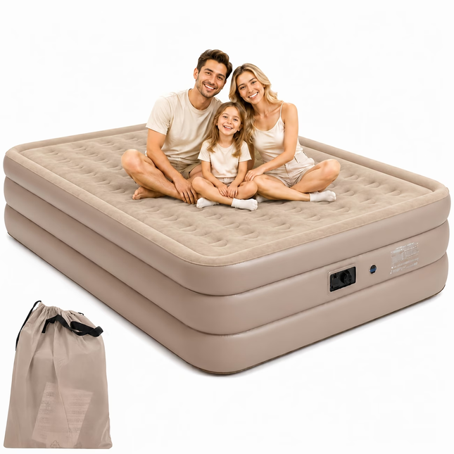 Queen Air Mattress with Built-In Pump – Elevated Double-Layer Design with carry bag, family sitting on mattress